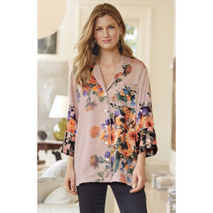 SOFT SURROUNDINGS Dahlia Dreams Floral Blouse in Multicolor Button Up Size XS